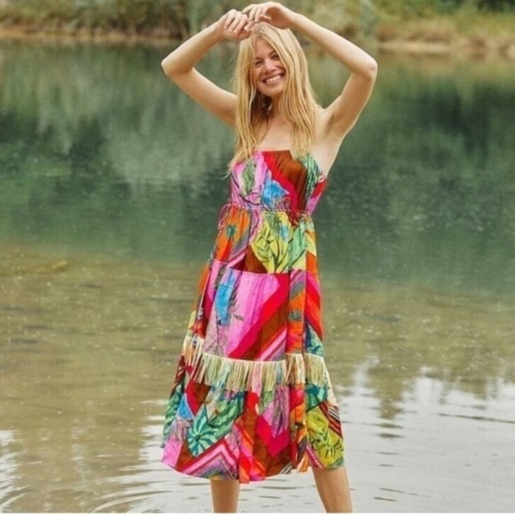 Farm Rio Anthropologie Dress Palila Tropical Printed Fringe Casual Midi Sz S NEW - Picture 4 of 16